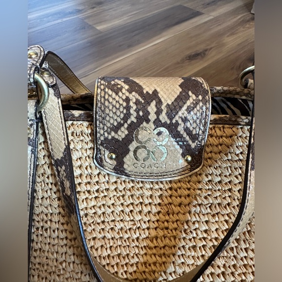 Coach Natalie Tan Straw Satchel w Python Print Leather Trim Tote Handbag - Picture 4 of 12